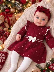 SHEIN Đầm len chui đầu cho bé gái, cổ tròn, gấu bèo nhún, dệt vặn thừng, tay dài, thoải mái cho mùa thu/đông - Đỏ - Xem 1