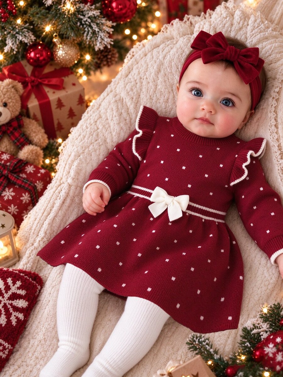 SHEIN Đầm len chui đầu cho bé gái, cổ tròn, gấu bèo nhún, dệt vặn thừng, tay dài, thoải mái cho mùa thu/đông - Đỏ - Xem 1