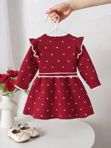 SHEIN Đầm len chui đầu cho bé gái, cổ tròn, gấu bèo nhún, dệt vặn thừng, tay dài, thoải mái cho mùa thu/đông - Đỏ - Xem 2