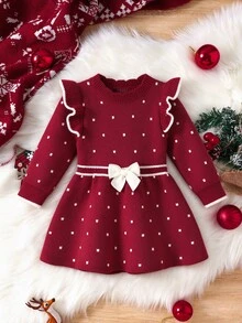 SHEIN Đầm len chui đầu cho bé gái, cổ tròn, gấu bèo nhún, dệt vặn thừng, tay dài, thoải mái cho mùa thu/đông - Đỏ - Xem 5