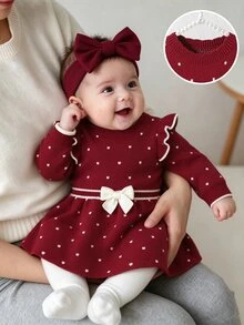 SHEIN Đầm len chui đầu cho bé gái, cổ tròn, gấu bèo nhún, dệt vặn thừng, tay dài, thoải mái cho mùa thu/đông - Đỏ - Xem 4
