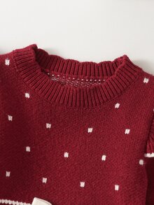 SHEIN Đầm len chui đầu cho bé gái, cổ tròn, gấu bèo nhún, dệt vặn thừng, tay dài, thoải mái cho mùa thu/đông - Đỏ - Xem 6