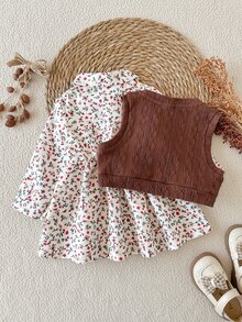 SHEIN 2pcs/Set Baby Girl Casual Spring/Autumn Floral Dress + Brown Cable Knit Vest Outfit - Multicolor - View 2