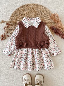 SHEIN 2pcs/Set Baby Girl Casual Spring/Autumn Floral Dress + Brown Cable Knit Vest Outfit - Multicolor - View 6