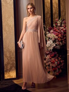 MOTF Soiréza ELEGANT ONE SHOULDER PLEATED MAXI GOWN WITH RHINESTONE & PEARL EMBELLISHED BODICE FOR WEDDING,PARTY - Champagne - View 6