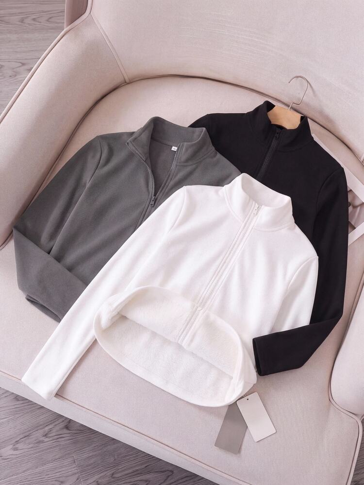 SHEIN EZwear 3-Pack Of Women's Solid Color Zip-Up Fly Thermal-Lined T-Shirts - Multicolor - View 3