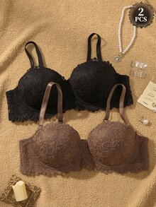 SHEIN Plus Size Underwire Sexy Lace Comfortable Push-Up Bra 2pcs/Set - Multicolor - View 1