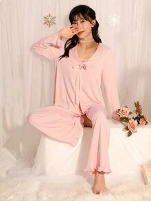 DelicateAllure Women's Bow Decor Long Sleeve Top And Pants Pajama Set - Pink - View 4