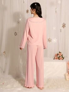 DelicateAllure Women's Bow Decor Long Sleeve Top And Pants Pajama Set - Pink - View 2