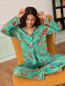 SHEIN Women's Puppy Print Open Front Pajama Set - Multicolor - View 8