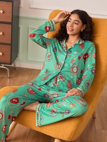 SHEIN Women's Puppy Print Open Front Pajama Set - Multicolor - View 1