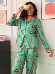 SHEIN Women's Puppy Print Open Front Pajama Set - Multicolor - View 4