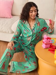 SHEIN Women's Puppy Print Open Front Pajama Set - Multicolor - View 5
