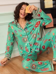 SHEIN Women's Puppy Print Open Front Pajama Set - Multicolor - View 3