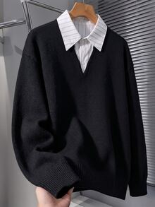 Manfinity Hypemode 男士拼接領 2 合 1 長袖套頭毛衣，休閒針織秋冬服飾，黑色寬鬆時尚通勤穿搭，百搭翻領套頭毛衣 - 黑色 - 查看 3