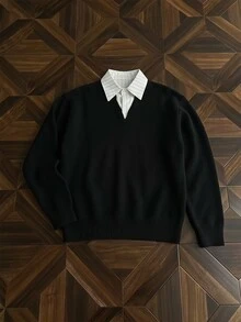 Manfinity Hypemode 男士拼接領 2 合 1 長袖套頭毛衣，休閒針織秋冬服飾，黑色寬鬆時尚通勤穿搭，百搭翻領套頭毛衣 - 黑色 - 查看 2