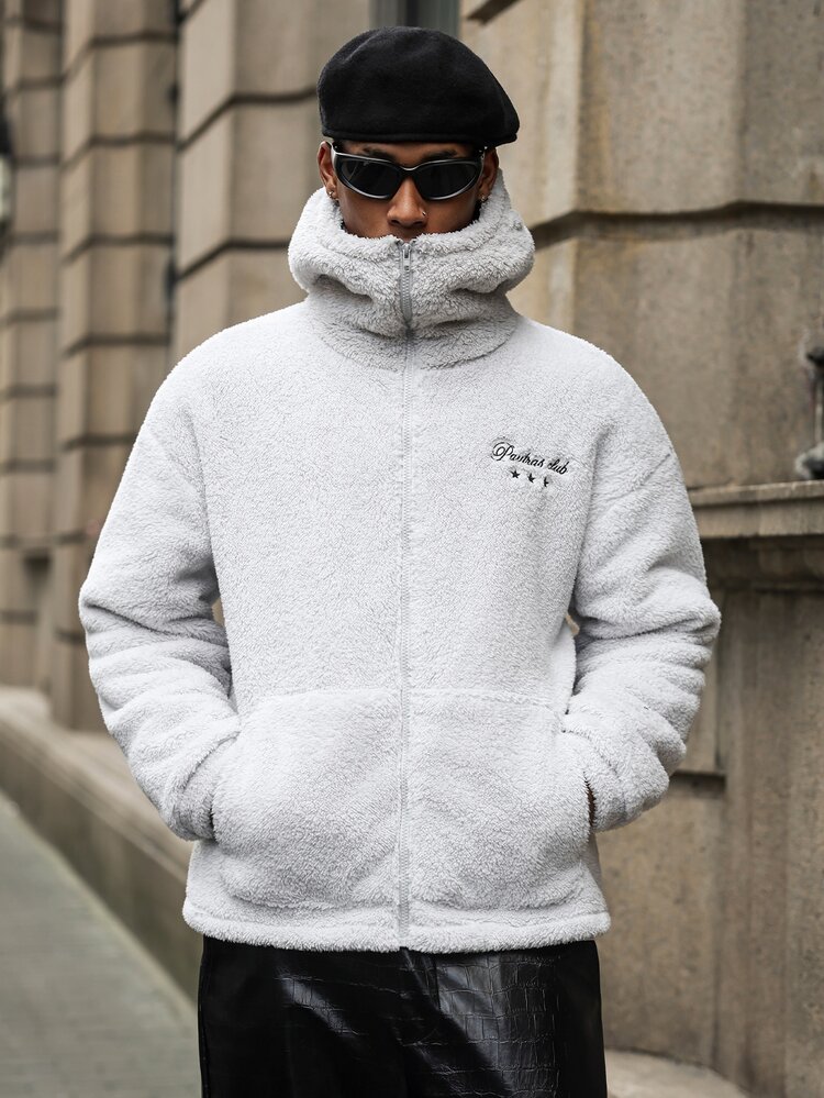 Major Grit Men's Plush Embroidered Zip-Up Hooded Jacket - White - View 4