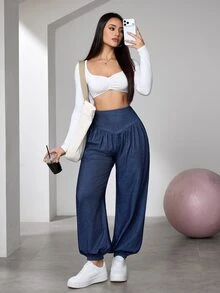Flexra Women's Fashion Casual Ruched Washed Denim Jogger Jeans - Dark Wash - View 7