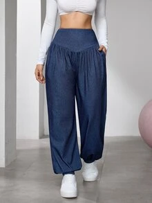 Flexra Women's Fashion Casual Ruched Washed Denim Jogger Jeans - Dark Wash - View 5