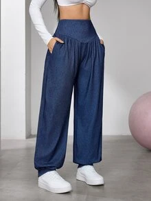 Flexra Women's Fashion Casual Ruched Washed Denim Jogger Jeans - Dark Wash - View 3