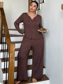 Dazy Plus Fashion Polka Dot Casual Minimalist Long Pants 2-Piece Pajama Set Fall - Brown - View 5