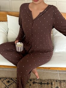 Dazy Plus Fashion Polka Dot Casual Minimalist Long Pants 2-Piece Pajama Set Fall - Brown - View 4