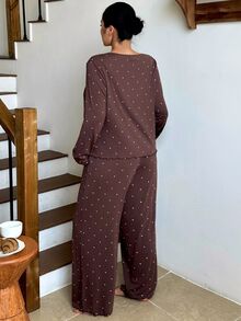 Dazy Plus Fashion Polka Dot Casual Minimalist Long Pants 2-Piece Pajama Set Fall - Brown - View 2