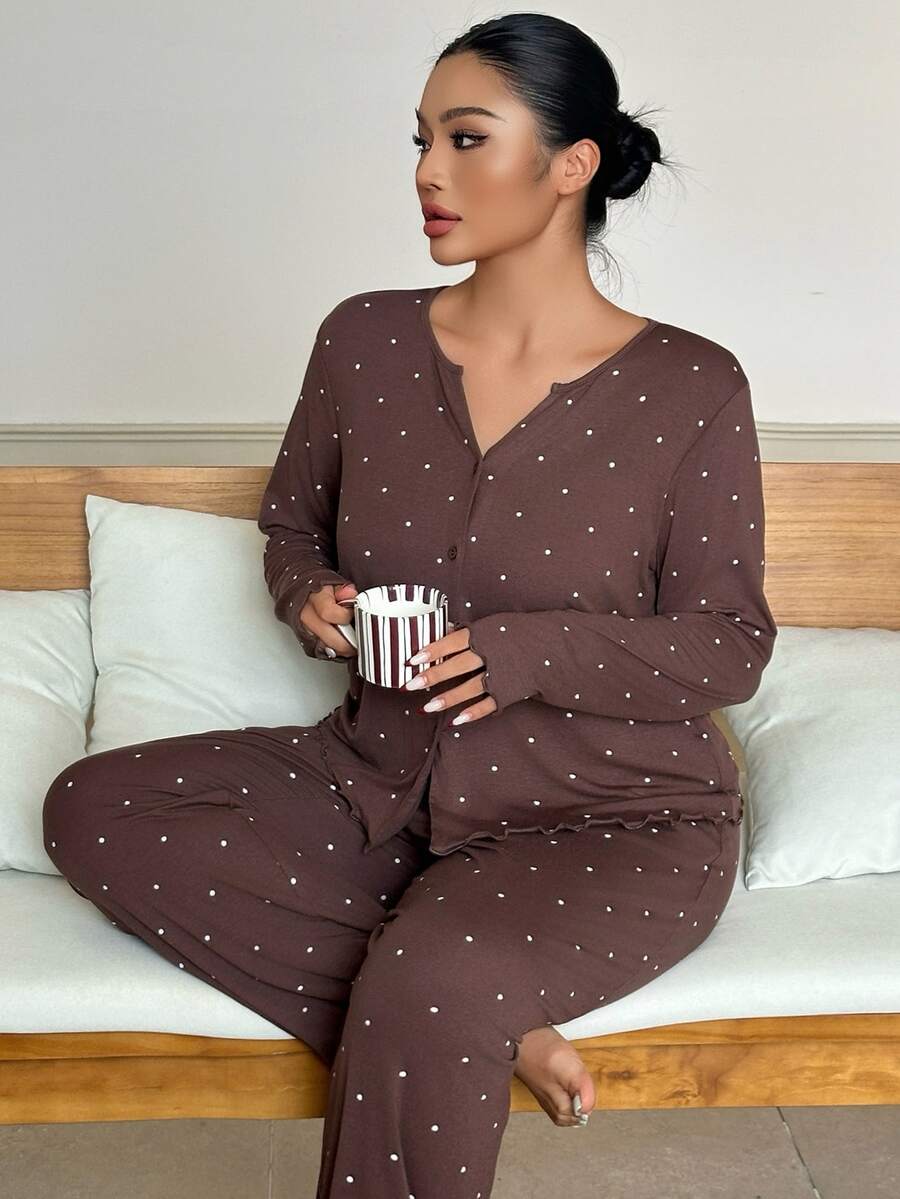 Dazy Plus Fashion Polka Dot Casual Minimalist Long Pants 2-Piece Pajama Set Fall - Brown - View 1