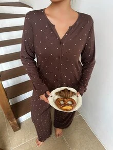 Dazy Plus Fashion Polka Dot Casual Minimalist Long Pants 2-Piece Pajama Set Fall - Brown - View 7