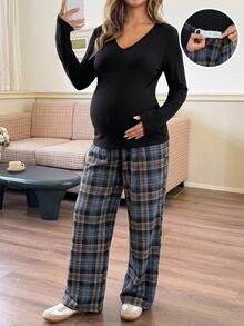 DAZY Solid Color V-Neck Long Sleeve T-Shirt & Plaid Straight Leg Pants Casual Daily Home Wear Spring Autumn Maternity 2 Pieces Set - Black - View 3