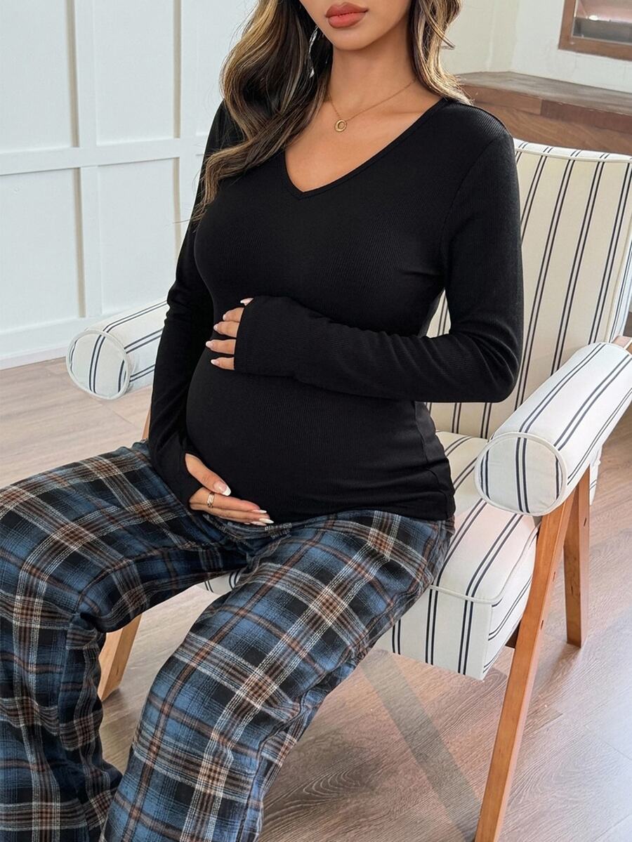 DAZY Solid Color V-Neck Long Sleeve T-Shirt & Plaid Straight Leg Pants Casual Daily Home Wear Spring Autumn Maternity 2 Pieces Set - Black - View 1