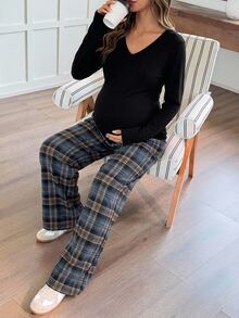DAZY Solid Color V-Neck Long Sleeve T-Shirt & Plaid Straight Leg Pants Casual Daily Home Wear Spring Autumn Maternity 2 Pieces Set - Black - View 4