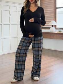 DAZY Solid Color V-Neck Long Sleeve T-Shirt & Plaid Straight Leg Pants Casual Daily Home Wear Spring Autumn Maternity 2 Pieces Set - Black - View 5