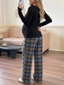 DAZY Solid Color V-Neck Long Sleeve T-Shirt & Plaid Straight Leg Pants Casual Daily Home Wear Spring Autumn Maternity 2 Pieces Set - Black - View 2