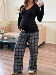 DAZY Solid Color V-Neck Long Sleeve T-Shirt & Plaid Straight Leg Pants Casual Daily Home Wear Spring Autumn Maternity 2 Pieces Set - Black - View 6