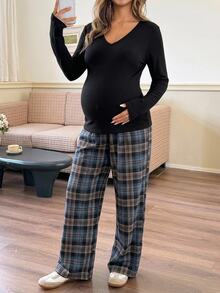 DAZY Solid Color V-Neck Long Sleeve T-Shirt & Plaid Straight Leg Pants Casual Daily Home Wear Spring Autumn Maternity 2 Pieces Set - Black - View 7