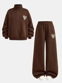 SHEIN 青少年女孩深棕色半拉鍊運動衫與長褲兩件套，豹紋愛心設計，適合秋冬穿著，秋季童裝 - 棕色 - 查看 6