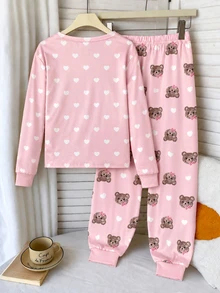 SHEIN Tween Girl Cartoon Print Crew Neck Pullover And Leggings Knit Fabric Soft Comfortable Casual Pajama Set Random 2PCS - Apricot - View 6