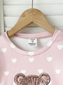 SHEIN Tween Girl Cartoon Print Crew Neck Pullover And Leggings Knit Fabric Soft Comfortable Casual Pajama Set Random 2PCS - Apricot - View 3