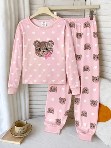 SHEIN Tween Girl Cartoon Print Crew Neck Pullover And Leggings Knit Fabric Soft Comfortable Casual Pajama Set Random 2PCS - Apricot - View 5