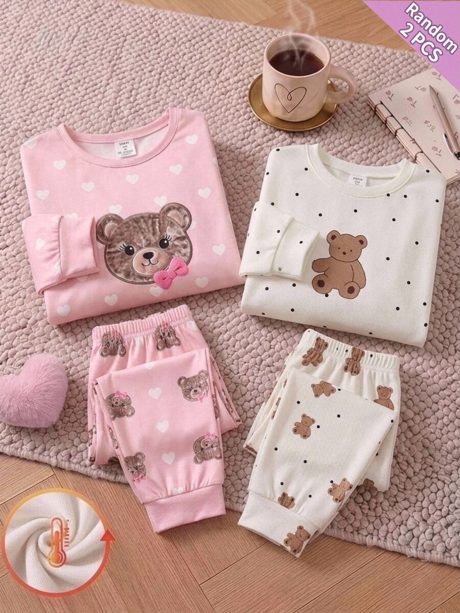 SHEIN Tween Girl Cartoon Print Crew Neck Pullover And Leggings Knit Fabric Soft Comfortable Casual Pajama Set Random 2PCS - Apricot - View 1