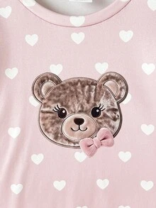 SHEIN Tween Girl Cartoon Print Crew Neck Pullover And Leggings Knit Fabric Soft Comfortable Casual Pajama Set Random 2PCS - Apricot - View 4
