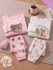 SHEIN Tween Girl Cartoon Print Crew Neck Pullover And Leggings Knit Fabric Soft Comfortable Casual Pajama Set Random 2PCS - Apricot - View 7