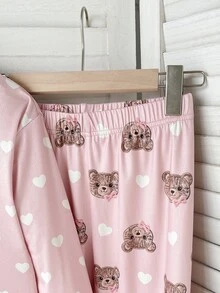 SHEIN Tween Girl Cartoon Print Crew Neck Pullover And Leggings Knit Fabric Soft Comfortable Casual Pajama Set Random 2PCS - Apricot - View 2