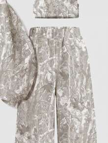 Young Girl Branch Print Kids Young Girl Drop Shoulder Hoodie & Wide Leg Pants - Multicolor - View 5