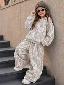 Young Girl Branch Print Kids Young Girl Drop Shoulder Hoodie & Wide Leg Pants - Multicolor - View 4