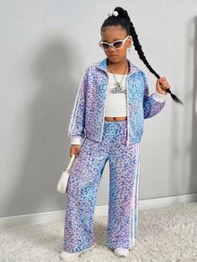 SHEIN 青少年女孩秋冬兩件套服裝，彩色豹紋拼接長袖拉鍊夾克與長褲，休閒返校穿搭套裝 - 彩色 - 查看 1