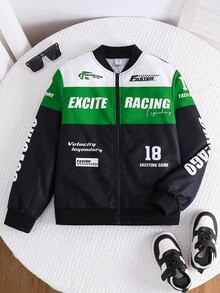 SHEIN Kids Tween Boy Autumn/Winter Casual Streetwear Racing Baseball Jacket - Green - View 3