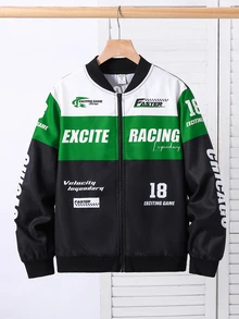 SHEIN Kids Tween Boy Autumn/Winter Casual Streetwear Racing Baseball Jacket - Green - View 4