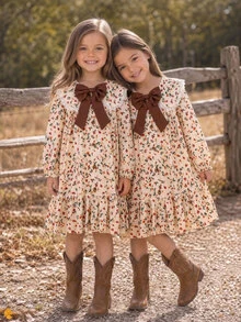 Young Girl Bow Decor Kids All-Over Print Casual Daily Summer Dress - Multicolor - View 3